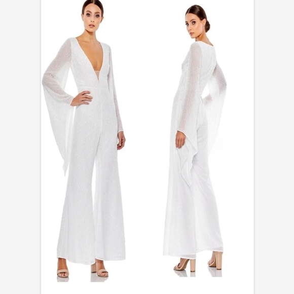 Mac Duggal 10710 White V Neck wide leg dressy jumpsuit cape sleeves SZ 6 NWT - Picture 1 of 16